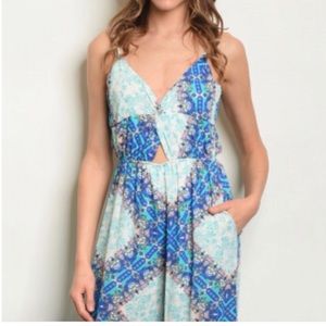 LARGE - PALED TURQUOISE & ROYAL BLUE FLRL PRNT JUMPSUIT